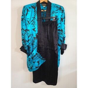 80s Vintage LA GLO Acetate Teal Two Piece Blouse and Skirt Set